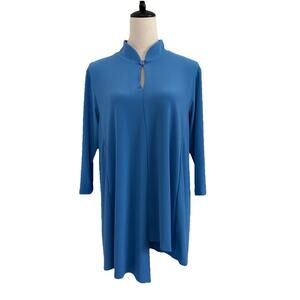 Sympli Asymmetrical Tunic Top Womens Medium Blue Mandarin Collar Keyhole Stretch